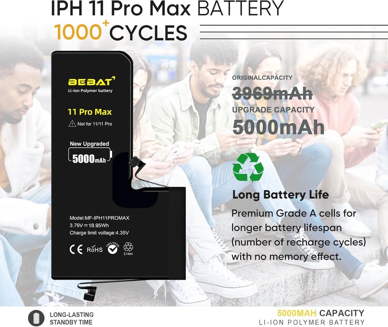 BEBAT Replacement for iPhone 11 PRO MAX Battery, 5000mAh High Capacity Li-ion Polymer Replacement Battery for Model A2218 A2161 A2220 with Professional Repair Tool Kits - Image 5